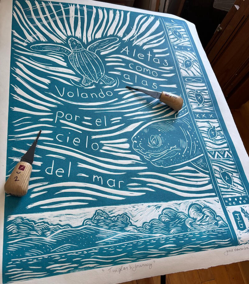 Handmade linoleum print titled "Tinglar's Journey" by artist Josie Gonzalez Detailed view of linoleum printmaking texture with tools by artist Josie Gonzalez