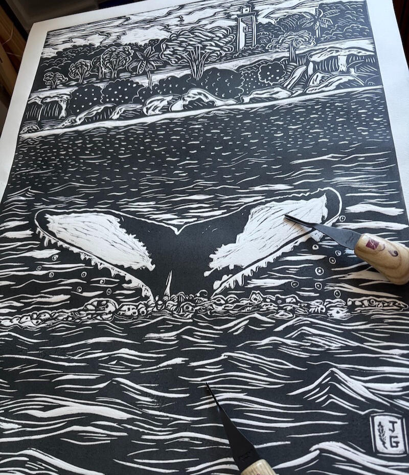 Handmade linoleum print titled "Siam near Rincon, Puerto Rico" by artist Josie Gonzalez Detailed view of linoleum printmaking texture with tools by artist Josie Gonzalez